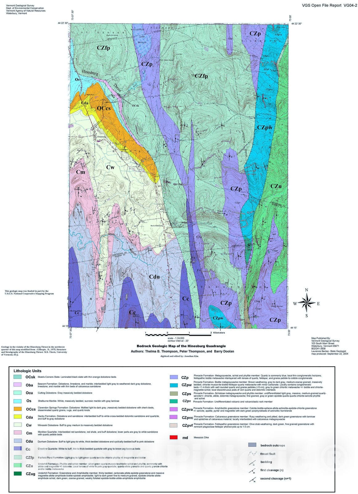 Map : Bedrock Geologic Map of the Hinesburg Quadrangle, Vermont, 2004 Cartography Wall Art :