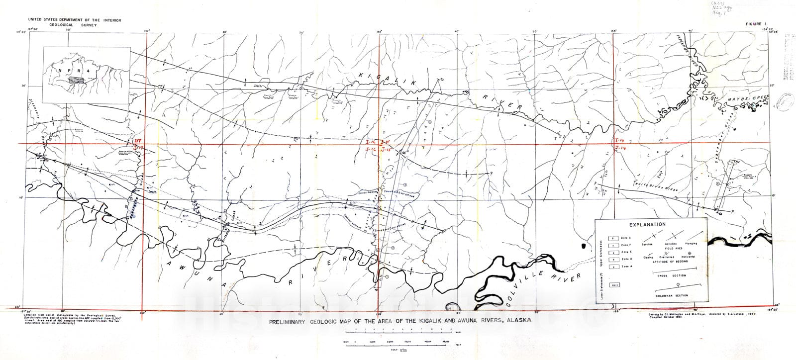 Map : Preliminary report on stratigraphy and structure of the area of Kigalik and Awuna Rivers, Alaska, 1947 Cartography Wall Art :