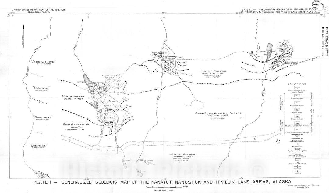 Map : Preliminary report on the Mississippian rocks of the Kanayut, Nanushuk, and Itkillik Lake areas, Alaska, 1949 Cartography Wall Art :