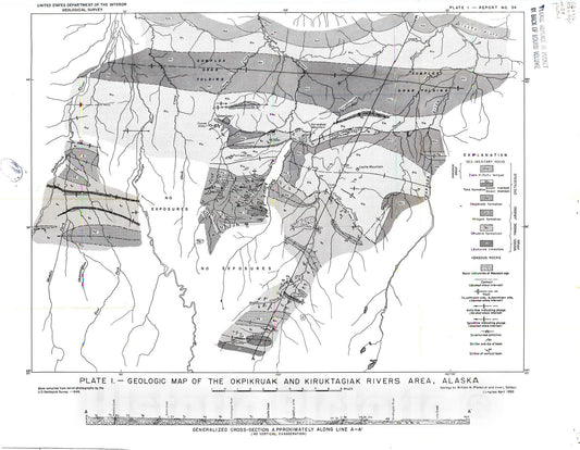 Map : Stratigraphy and structure of the Okpikruak and Kiruktagiak Rivers area, Alaska, 1950 Cartography Wall Art :