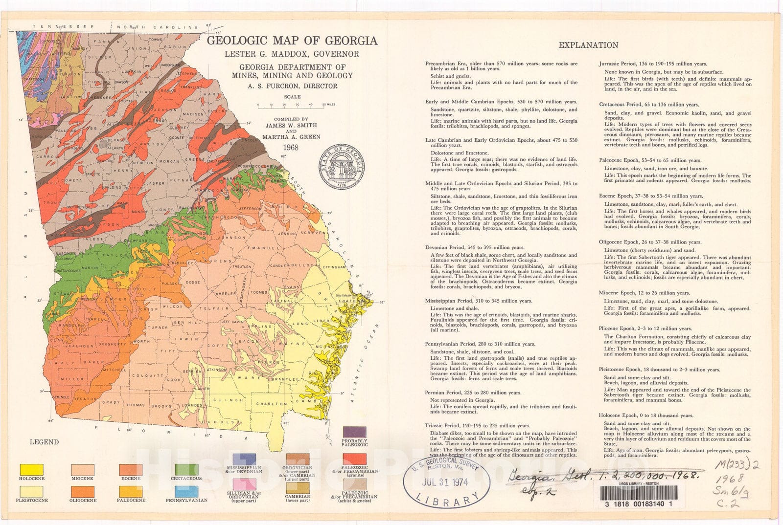 Map : Geologic map of Georgia, 1968 Cartography Wall Art :