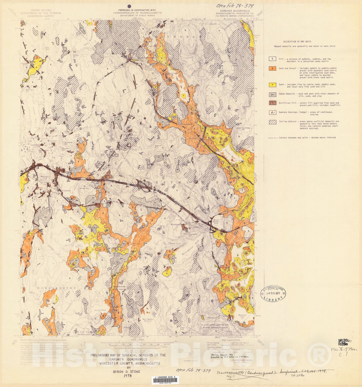 Map : Preliminary map of surficial deposits of the Gardner quadrangle, Worcester County, Massachusetts, 1978 Cartography Wall Art :