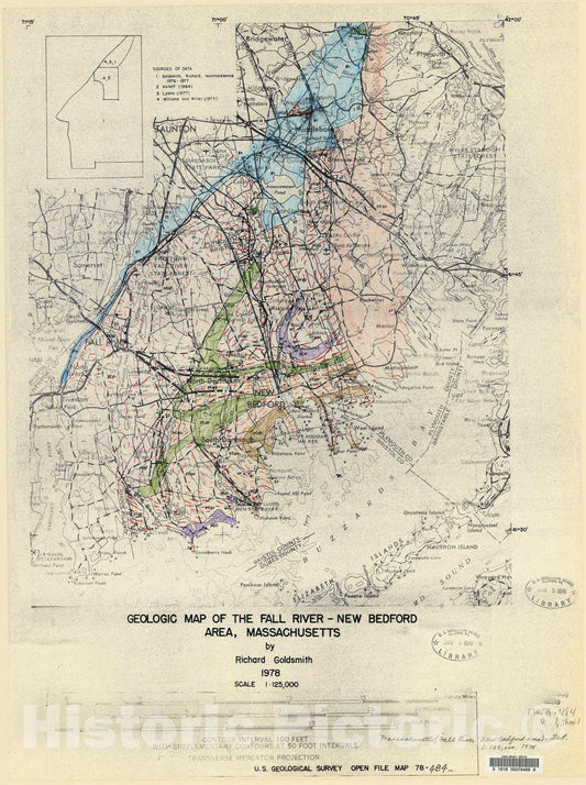 Map : Geologic map of the Fall River - New Bedford area, Massachusetts, 1978 Cartography Wall Art :