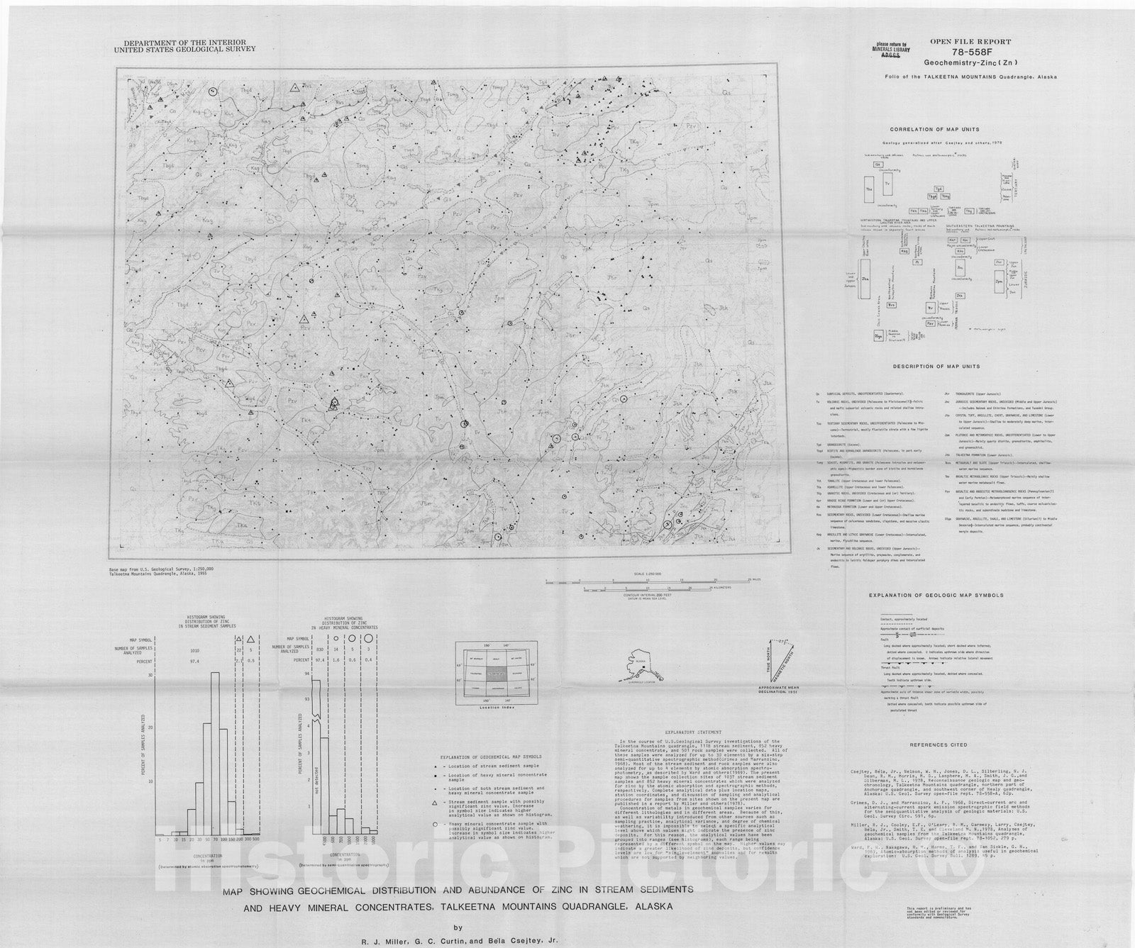 Map : Map showing geochemical distribution and abundance of zinc in stream sediment and heavy mineral concentrates, Talkeetna Mountains quadrangle, Alaska, 1978 Cartography Wall Art :
