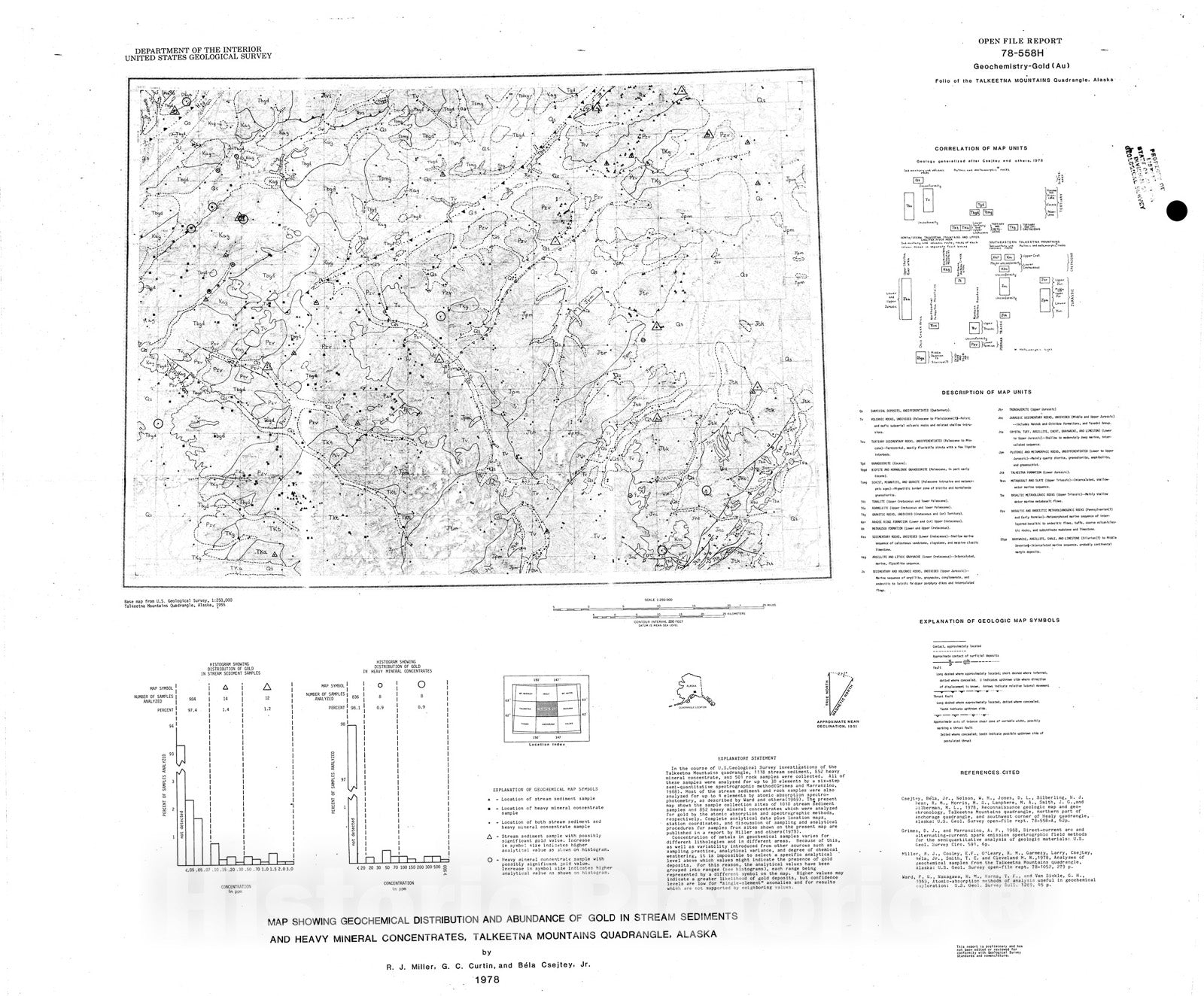 Map : Map showing geochemical distribution and abundance of gold in stream sediment and heavy mineral concentrates, Talkeetna Mountains quadrangle, Alaska, 1978 Cartography Wall Art :