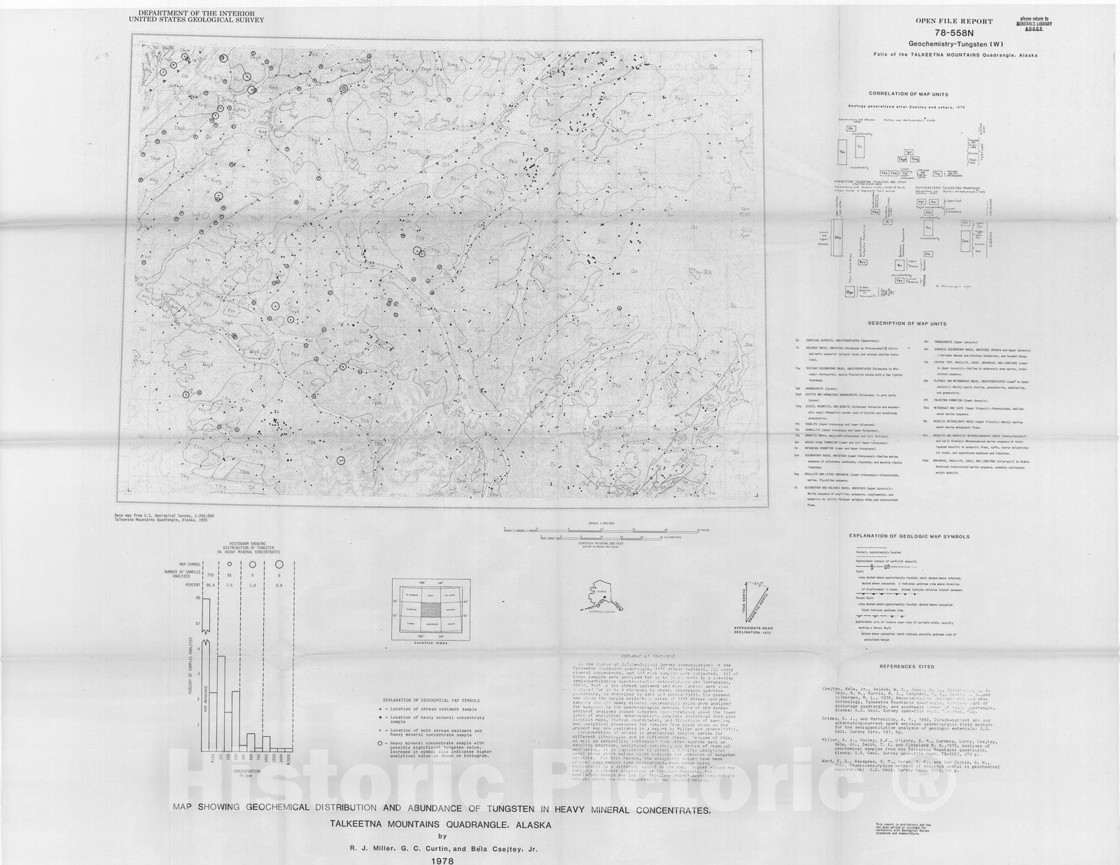 Map : Map showing geochemical distribution and abundance of tungsten in stream sediment and heavy mineral concentrates, Talkeetna Mountains quadrangle, Alaska, 1978 Cartography Wall Art :