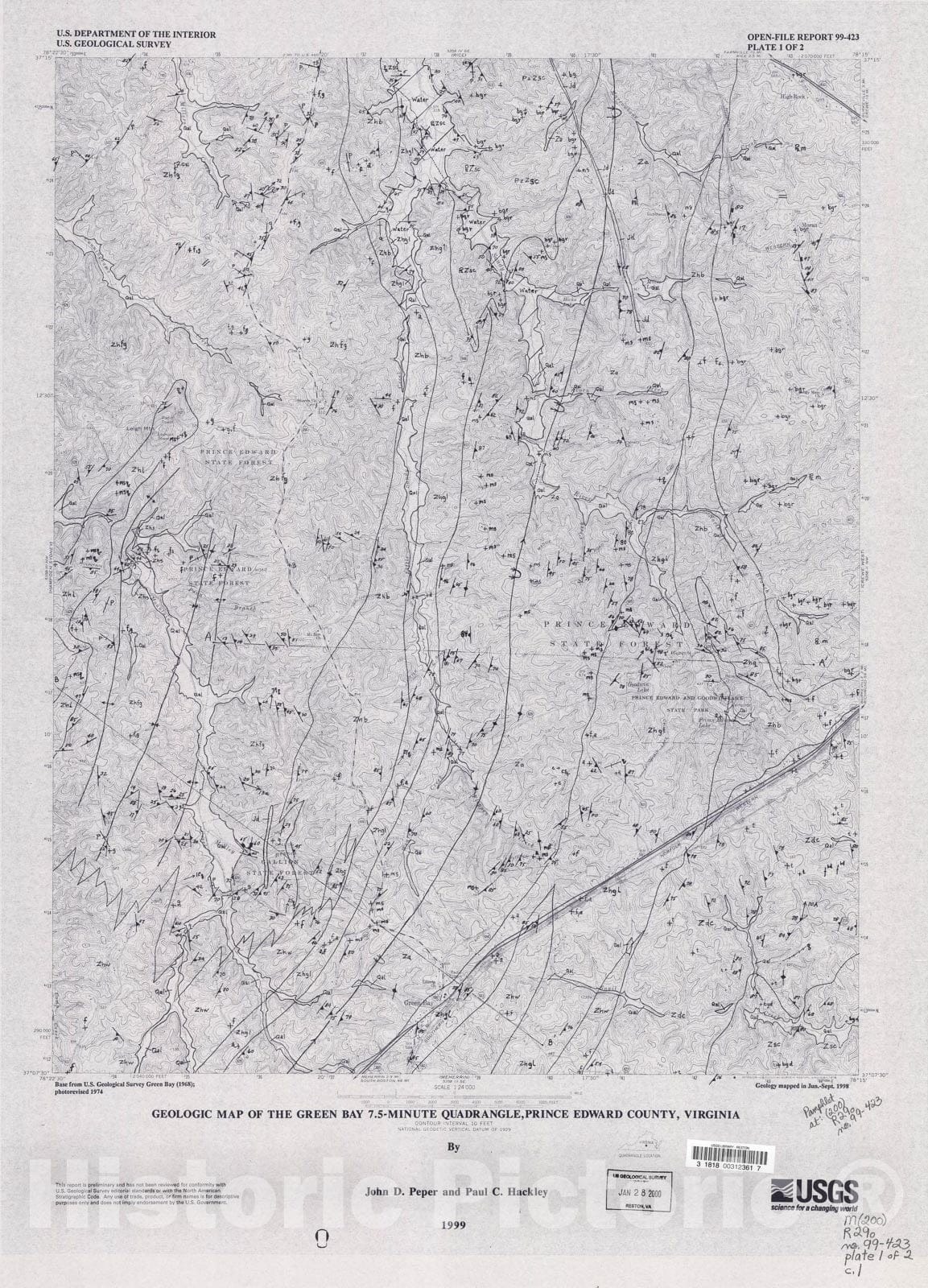 Map : Geologic map of the Green Bay 7.5-minute quadrangle, Prince Edward County, Virginia, 2006 Cartography Wall Art :