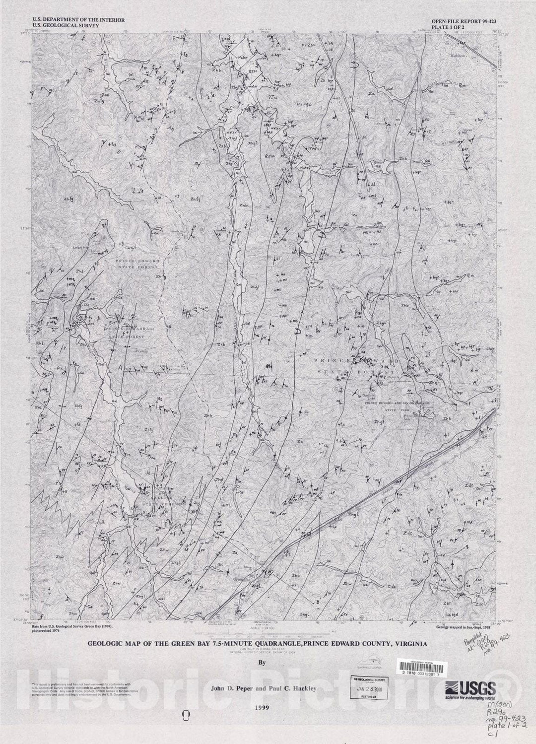 Map : Geologic map of the Green Bay 7.5-minute quadrangle, Prince Edward County, Virginia, 2006 Cartography Wall Art :