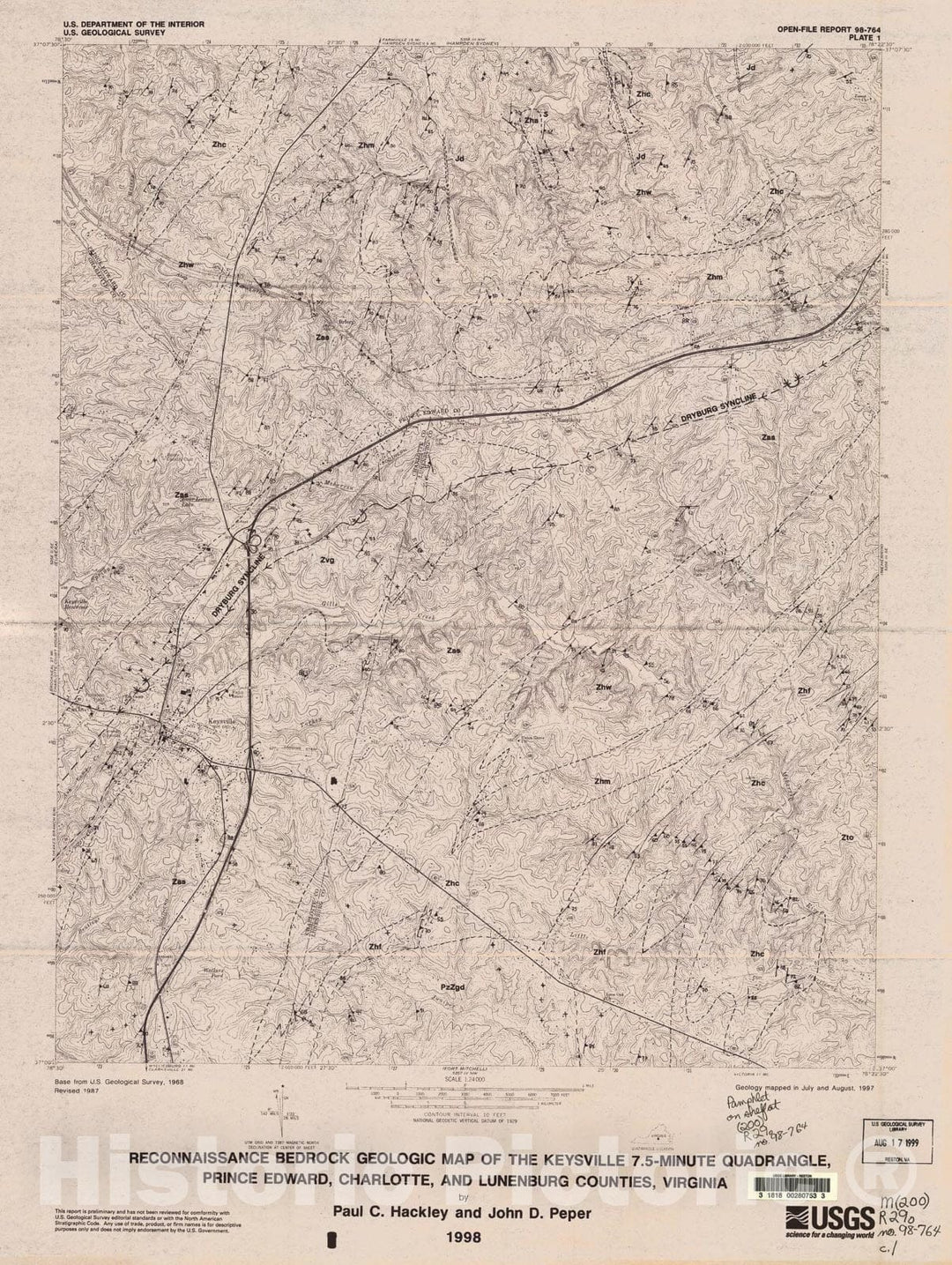 Map : Reconnaissance bedrock geologic map of the Keysville 7.5-minute quadrangle, Prince Edward, Charlotte, and Lunenburg Counties, Virginia, 2006 Cartography Wall Art :