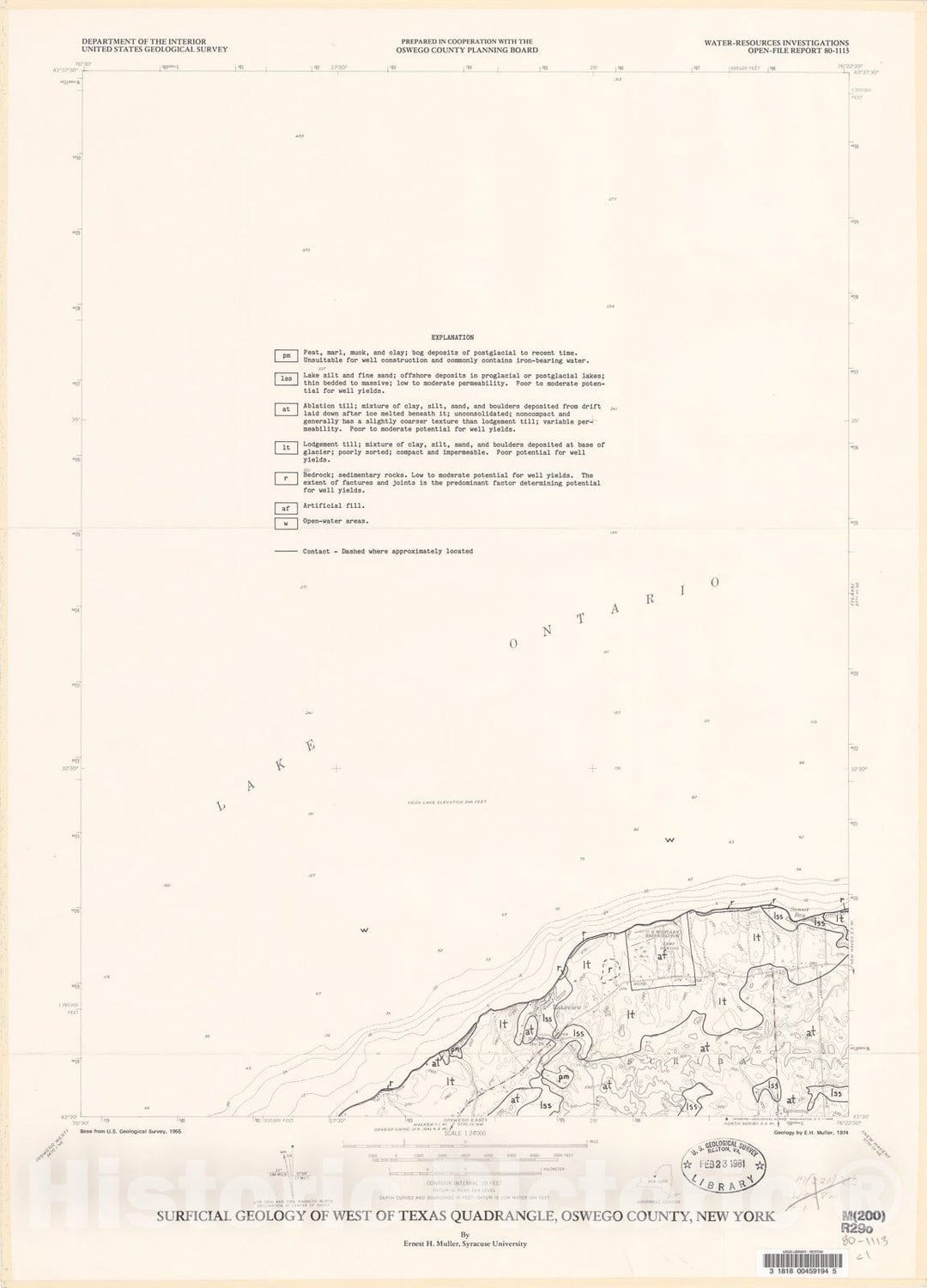 Map : Surficial geology of West of Texas quadrangle, Oswego County, New York, 1980 Cartography Wall Art :