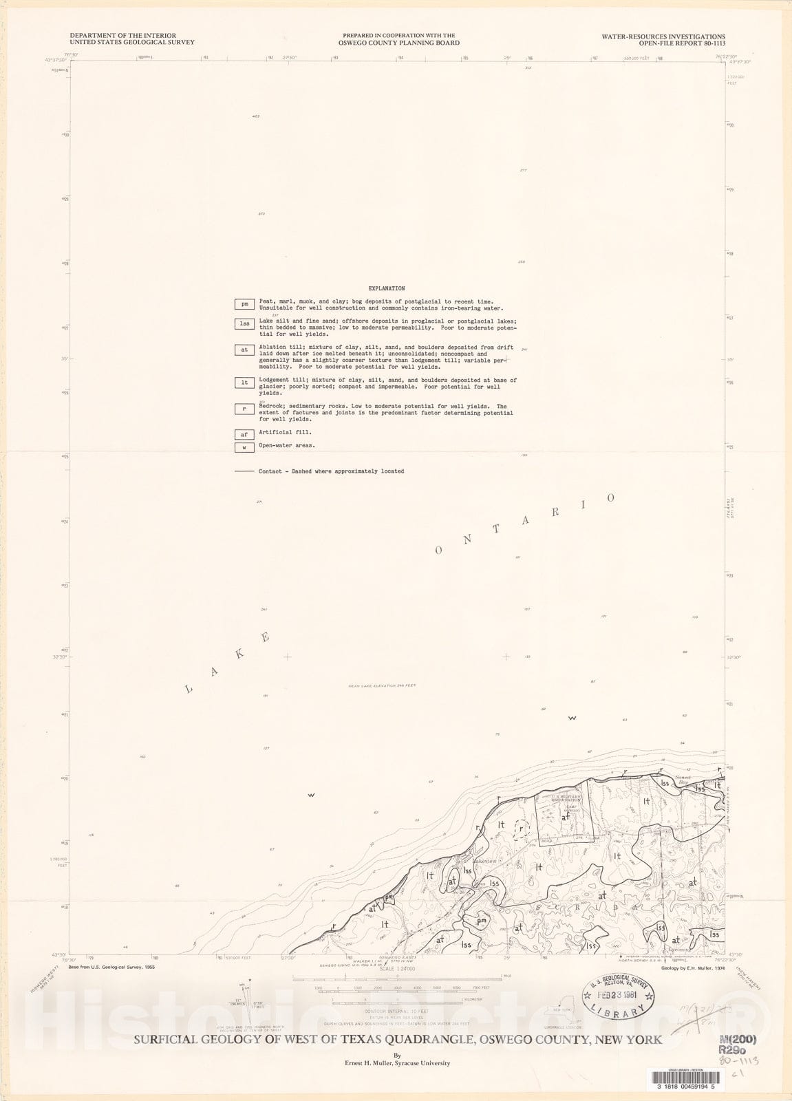 Map : Surficial geology of West of Texas quadrangle, Oswego County, New York, 1980 Cartography Wall Art :