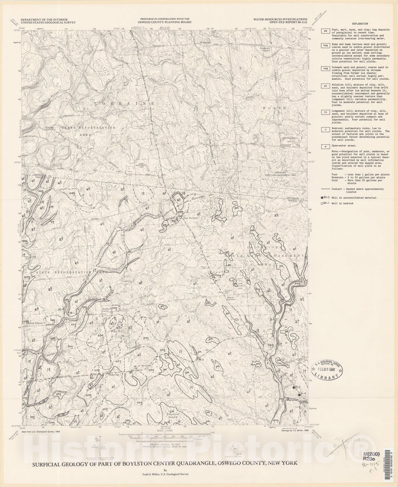 Map : Surficial geology of part of Boylston Center quadrangle, Oswego County, New York, 1980 Cartography Wall Art :