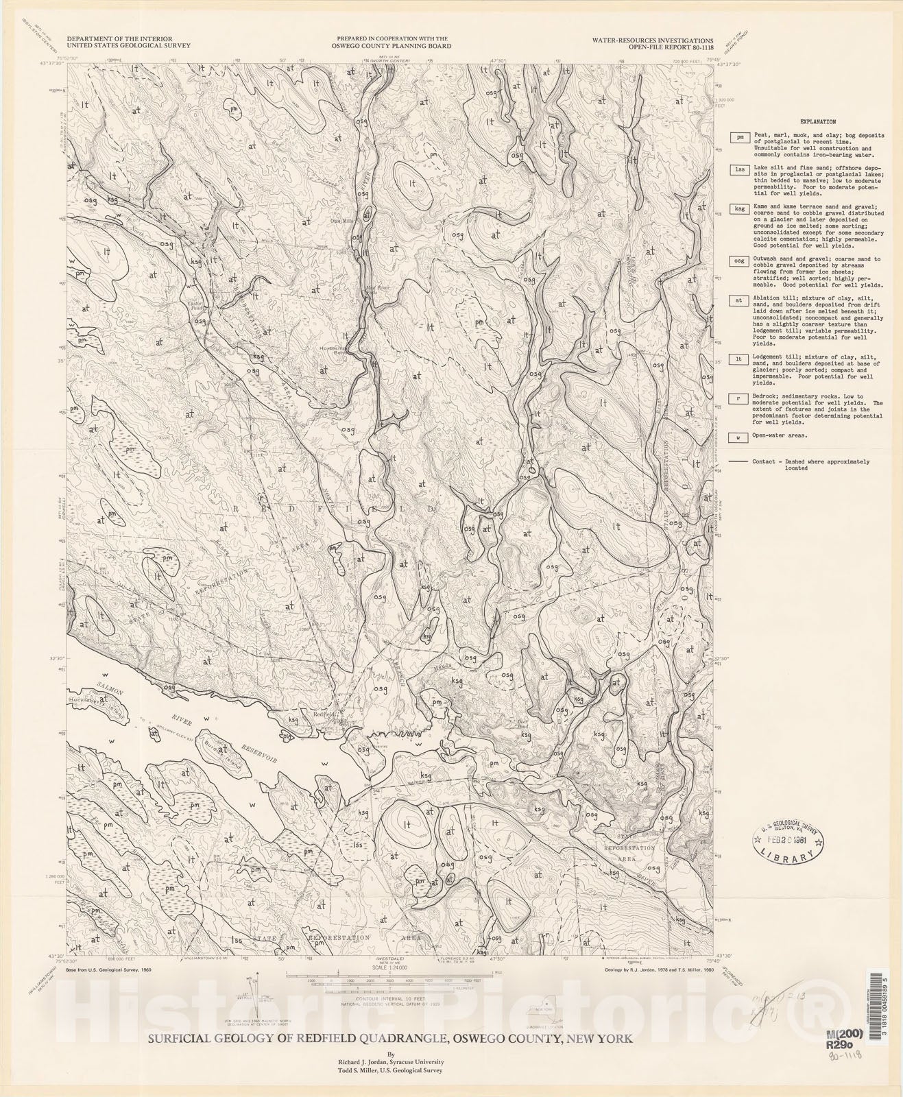 Map : Surficial geology of Redfield quadrangle, Oswego County, New York, 1980 Cartography Wall Art :