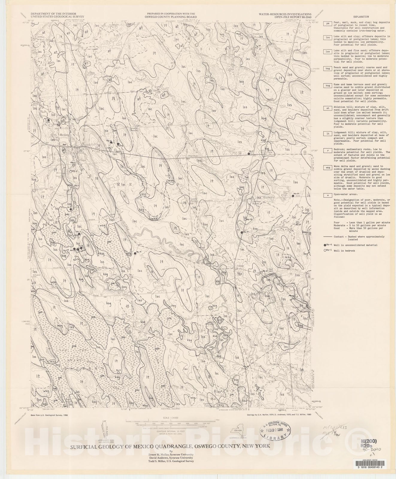Map : Surficial geology of the New Mexico quadrangle, Oswego County, New York, 1980 Cartography Wall Art :