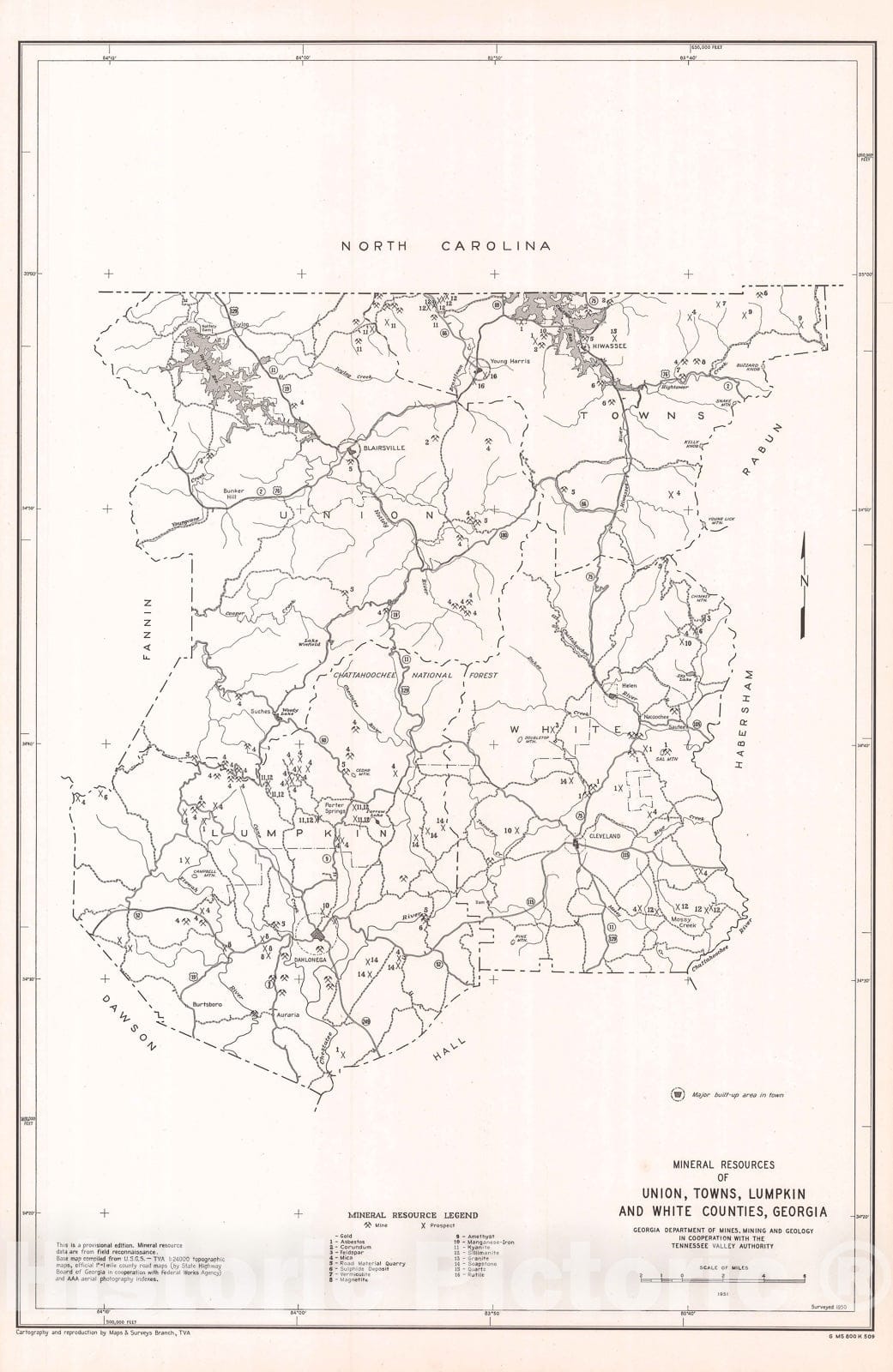 Map : Mineral resources of Union, Towns, Lumpkin and White Counties, Georgia, 1951 Cartography Wall Art :