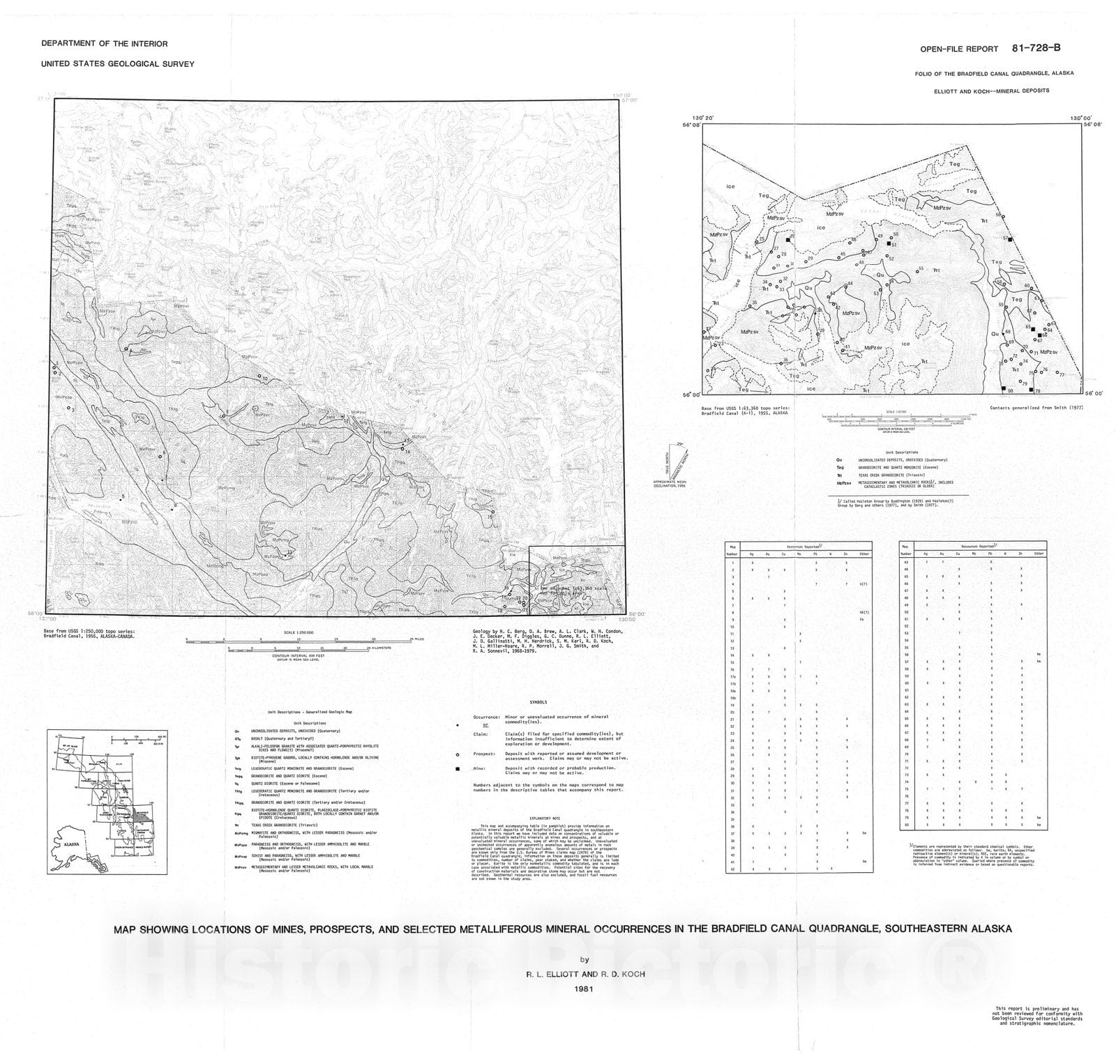 Map : Mines, prospects and selected metalliferous mineral occurrences in the Bradfield Canal quadrangle, Alaska, 1981 Cartography Wall Art :