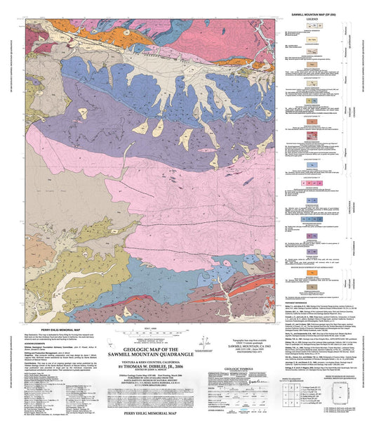 Map : Geologic map of the Sawmill Mountain quadrangle,  Ventura & Kern Counties, California, 2006 Cartography Wall Art :