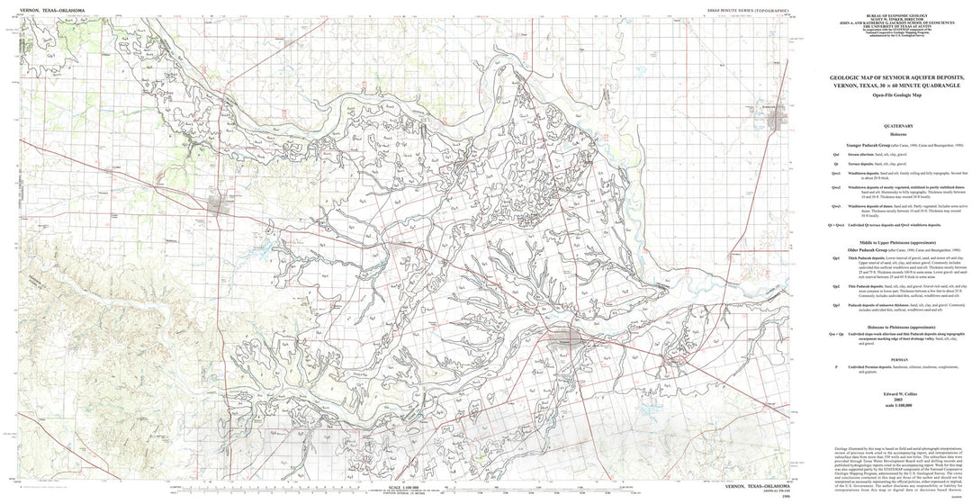 Map : Geologic map of the Seymour aquifer deposits, Vernon, Texas 30x60 minute quadrangle, Texas, 2003 Cartography Wall Art :