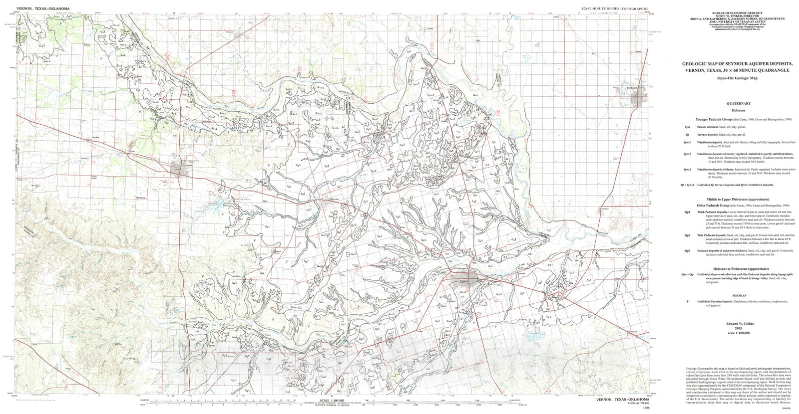 Map : Geologic map of the Seymour aquifer deposits, Vernon, Texas 30x60 minute quadrangle, Texas, 2003 Cartography Wall Art :