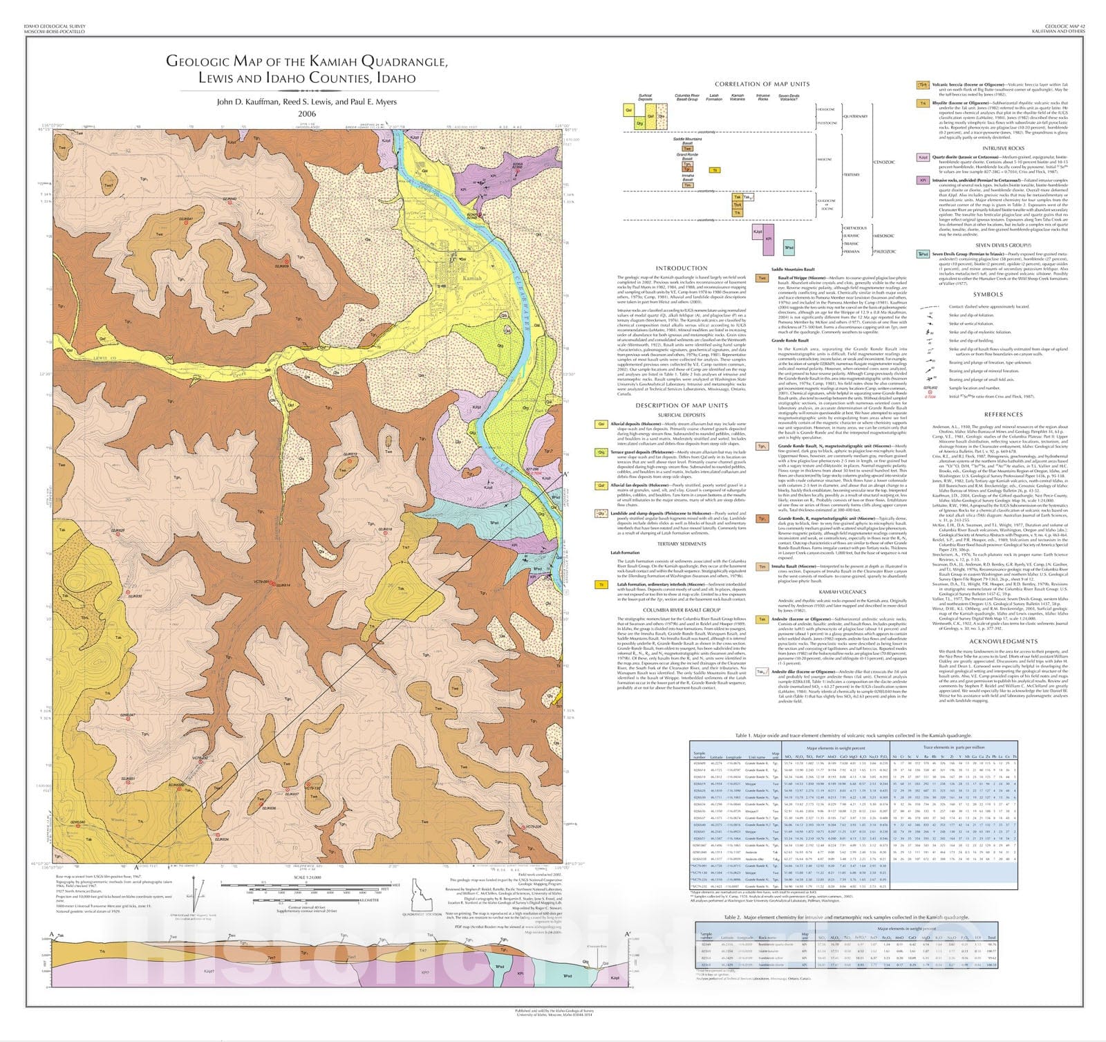 Map : Geologic Map of the Kamiah Quadrangle, Lewis and Idaho Counties, Idaho, 2006 Cartography Wall Art :