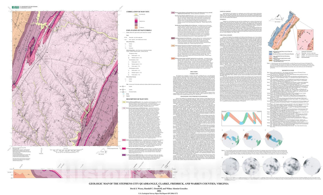 Map : Geologic map of the Stephens City quadrangle, Clark, Frederick, and Warren Counties, Virginia, 2006 Cartography Wall Art :