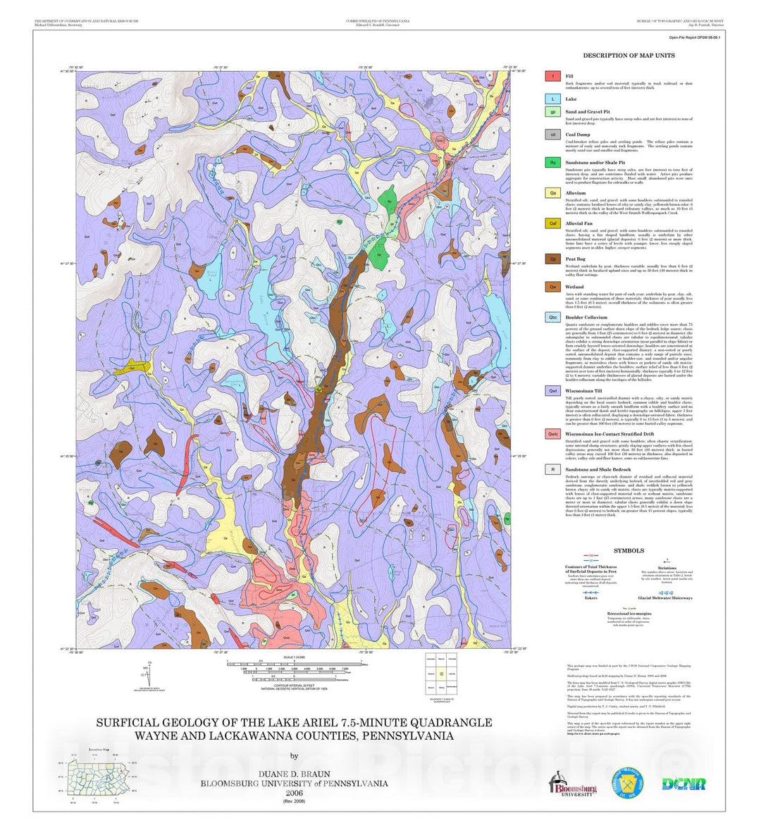 Map : Surficial geology of the Lake Ariel 7.5-minute quadrangle, Wayne and Lackawanna Counties, Pennsylvania [Revision 1], 2006 Cartography Wall Art :