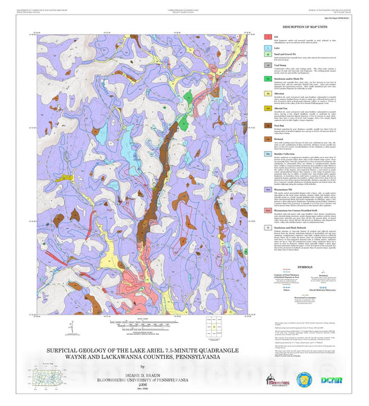 Map : Surficial geology of the Lake Ariel 7.5-minute quadrangle, Wayne and Lackawanna Counties, Pennsylvania [Revision 1], 2006 Cartography Wall Art :