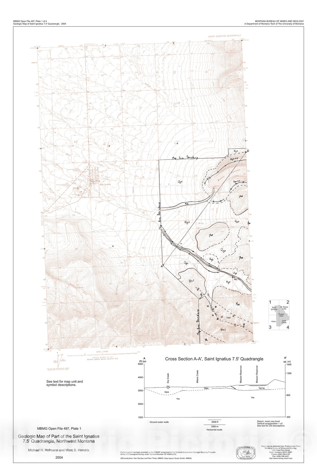 Map : Geologic map of parts of the Arlee, St. Ignatius, Gold Creek, and St. Marys Lake 7.5' quadrangles, northwestern Montana, 2004 Cartography Wall Art :
