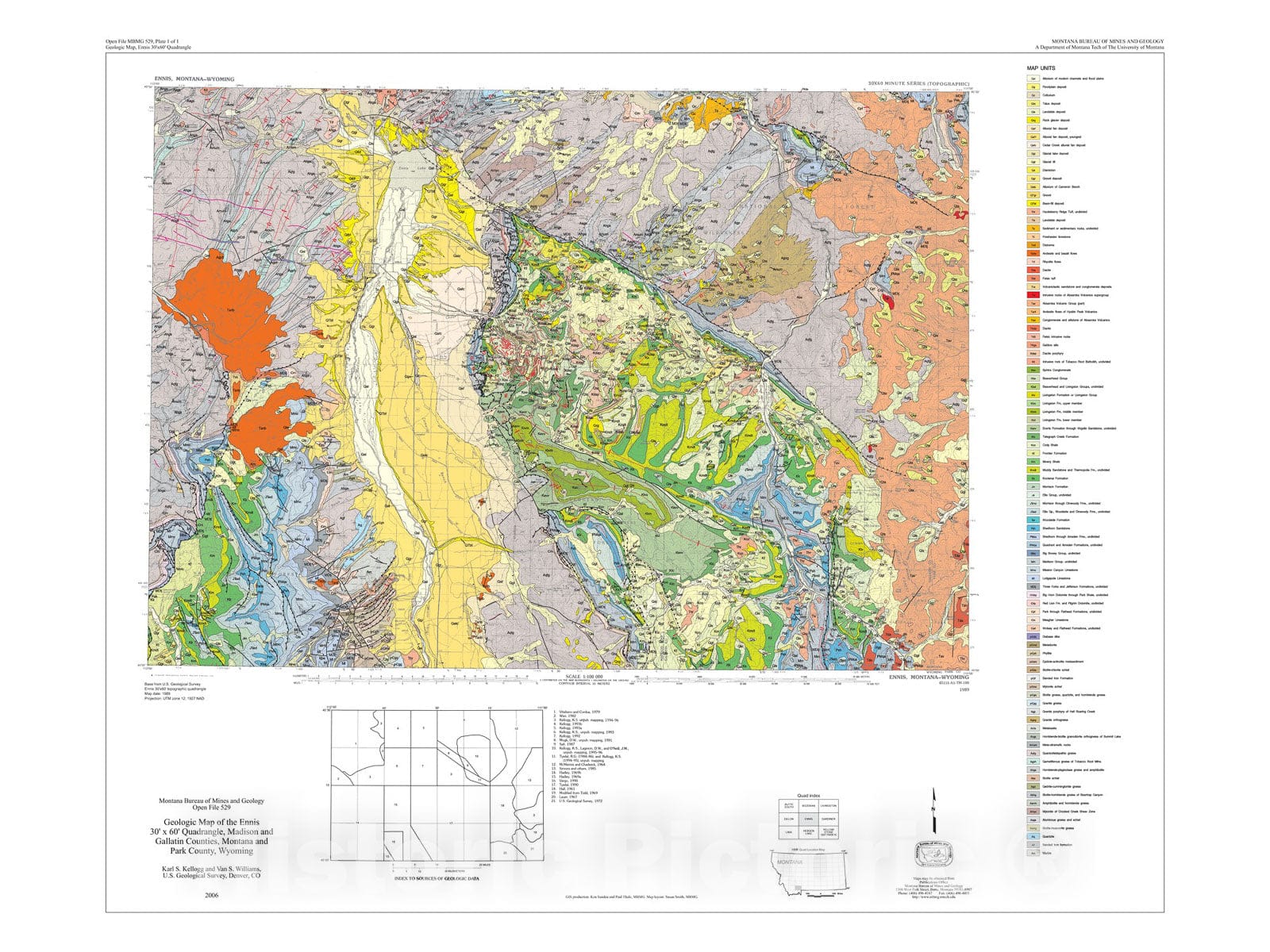 Map : Geologic map of the Ennis 30' x 60' quadrangle, Madison and Gallatin counties, Montana, and Park County, Wyoming, 2005 Cartography Wall Art :