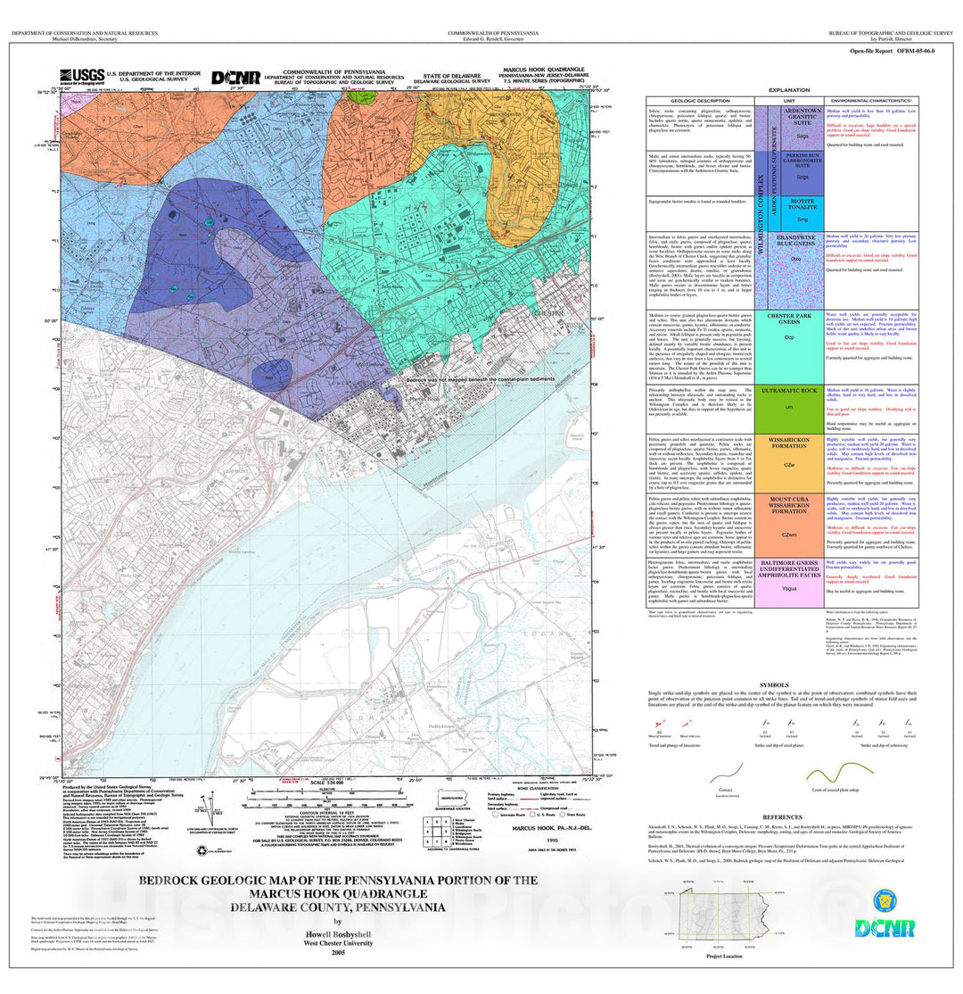 Map : Bedrock geologic map of the Pennsylvania portion of the Marcus Hook quadrangle, Delaware County, Pennsylvania, 2005 Cartography Wall Art :