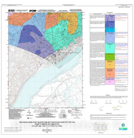 Map : Bedrock geologic map of the Pennsylvania portion of the Marcus Hook quadrangle, Delaware County, Pennsylvania, 2005 Cartography Wall Art :