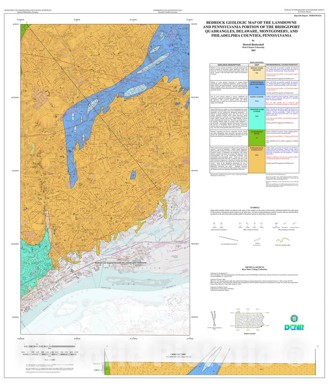 Map : Bedrock geologic map of the Lansdowne and Pennsylvania portion of the Bridgeport quadrangles, Delaware, Montgomery, and Philadelph, 2005 Cartography Wall Art :