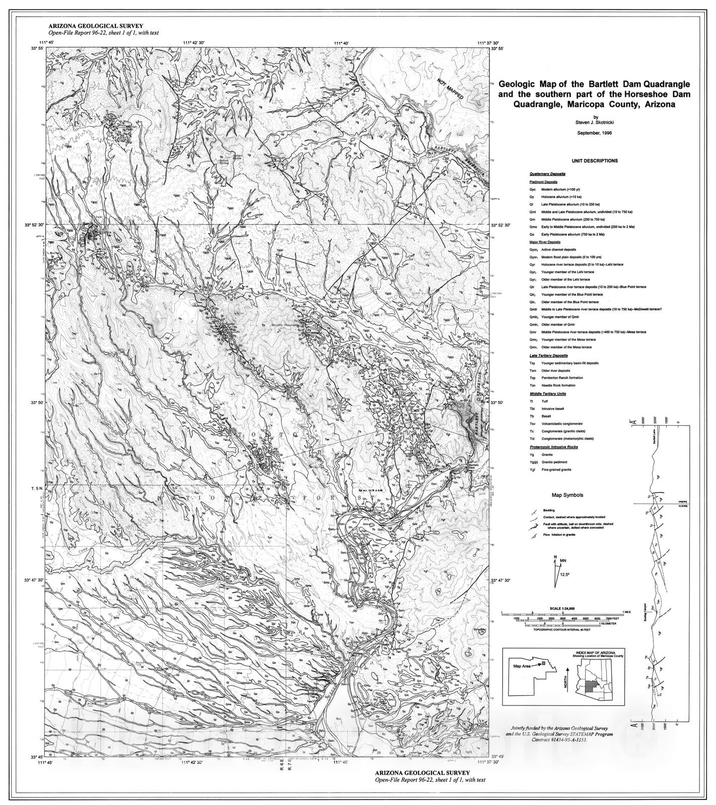 Map : Geologic map of the Bartlett Dam quadrangle and southern part of the Horseshoe Dam quadrangle, Maricopa County, Arizona, 1996 Cartography Wall Art :