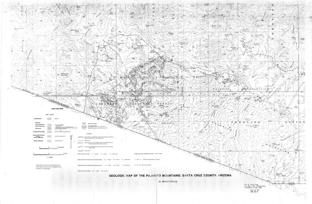 Map : Geologic map of the Pajarito Mountains, Santa Cruz County, Arizona [Alamo Spring, Pajarito Peak, Pena Blanca Lake, and Ruby 7.5 min], 1985 Cartography Wall Art :