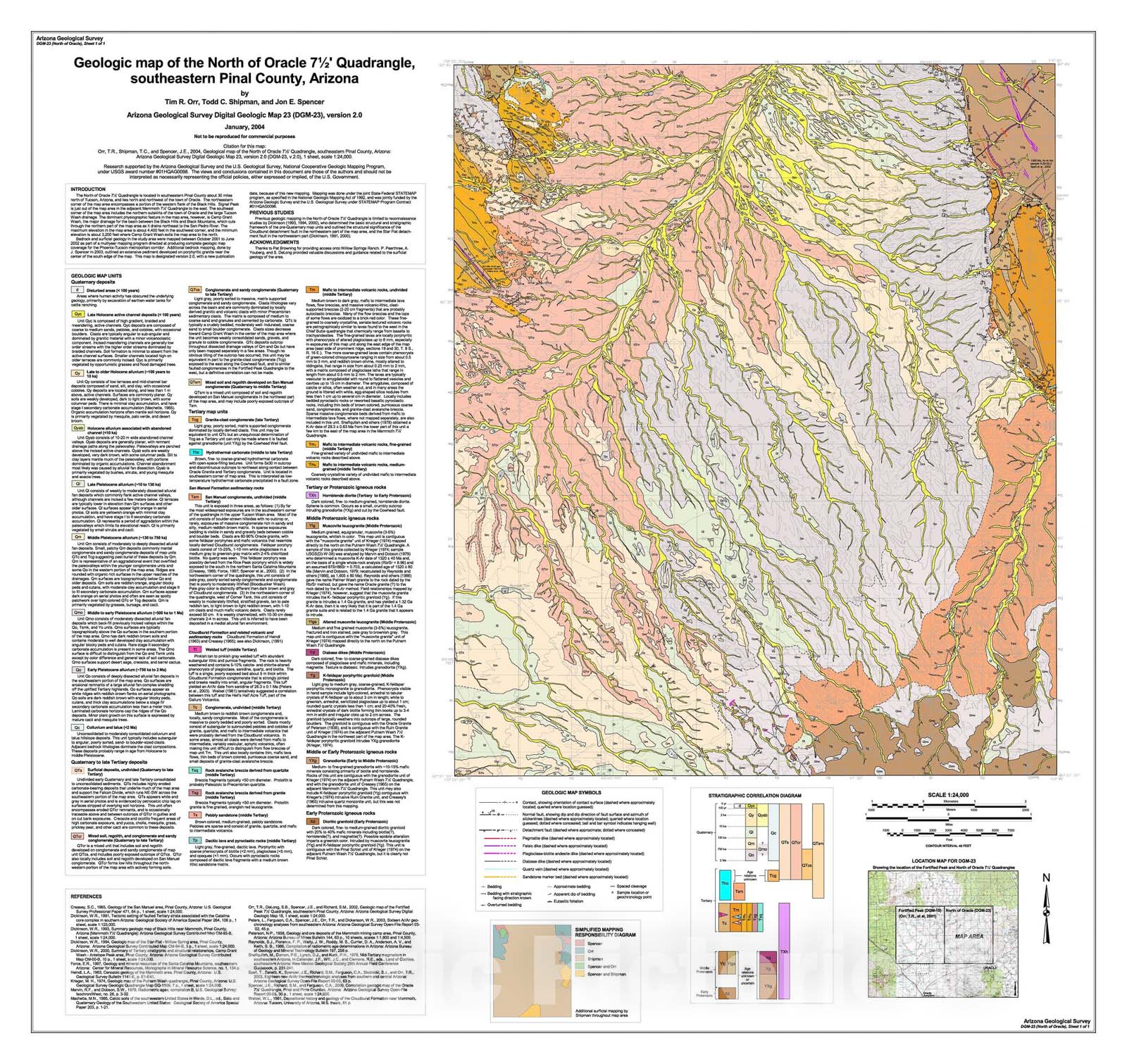 Map : Geologic map of the North of Oracle seven 1/2' Quadrangle, southeastern Pinal County, Arizona, 2004 Cartography Wall Art :
