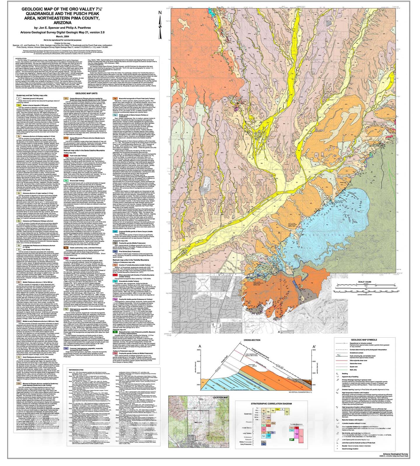 Map : Geologic map of the Oro Valley 7.5' Quadrangle and the Pusch Peak area, northeastern Pima County, Arizona, 2004 Cartography Wall Art :