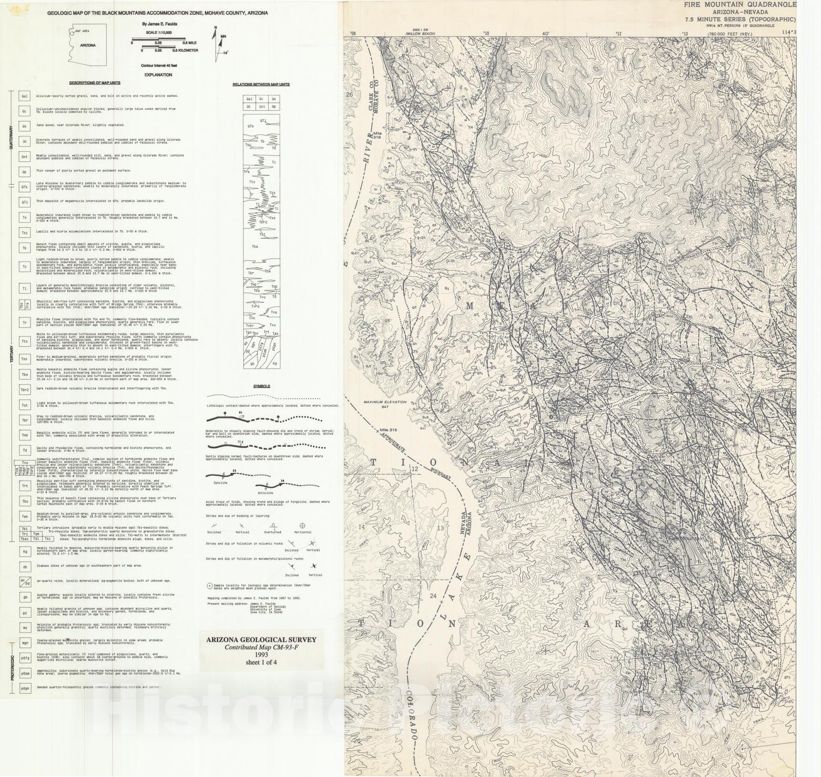 Map : Geologic map of the Black Mountains accommodation zone, Mohave County, Arizona [Mohave Mine, and Fire Mountain 7.5 min], 1993 Cartography Wall Art :