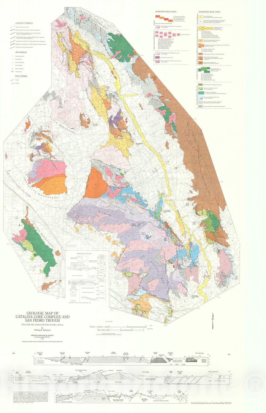 Map : Geologic map of Catalina core complex and San Pedro trough, Pima, Pinal, Gila, Graham, and Cochise Counties, Arizona, 1992 Cartography Wall Art :