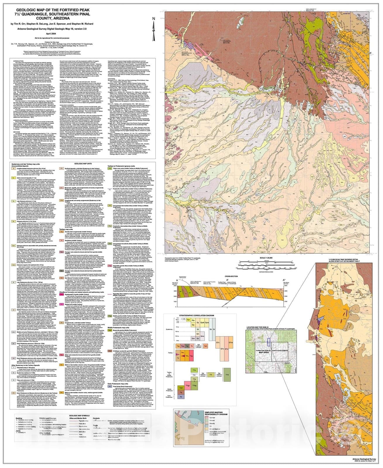 Map : Geologic map of the Fortified Peak 7.5' Quadrangle, southeastern Pinal County, Arizona, 2004 Cartography Wall Art :