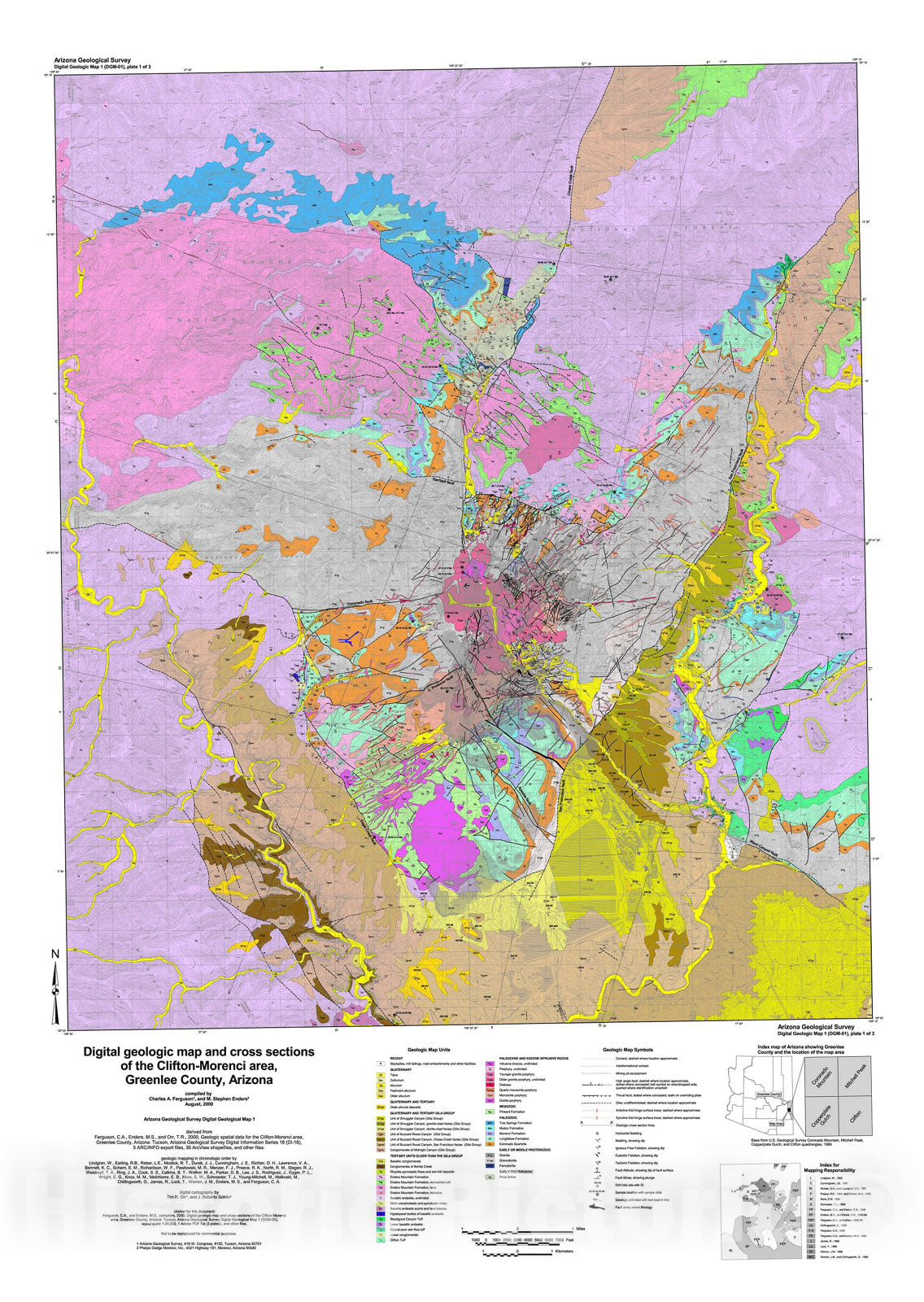 Map : Digital geologic map and cross sections of the Clifton-Morenci area, Greenlee County, Arizona [Clifton, Copperplate Gulch, Mitchel, 2000 Cartography Wall Art :