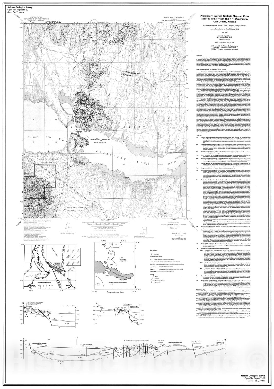 Map : Preliminary bedrock geologic map and cross sections of the Windy Hill 7.5' quadrangle, Gila County, Arizona, 1999 Cartography Wall Art :