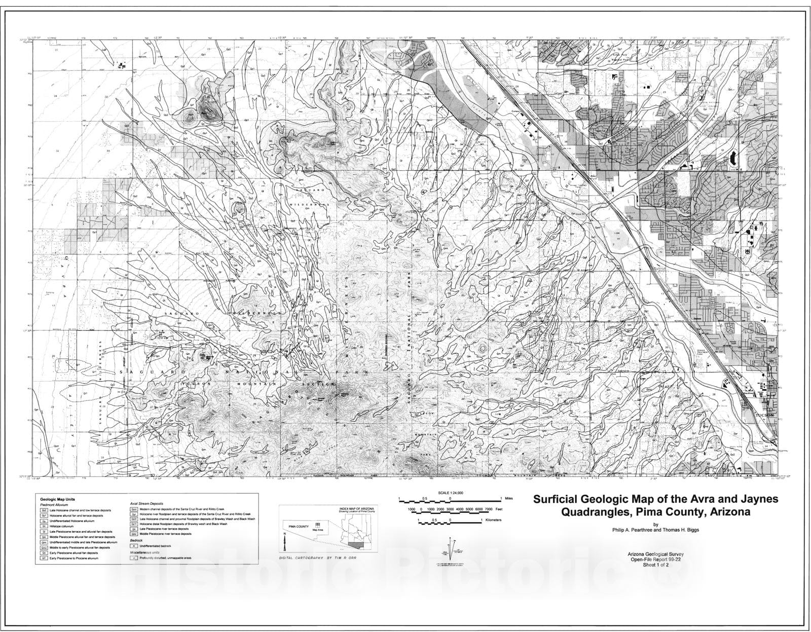 Map : Surficial geology and geologic hazards of the Tucson Mountains, Pima County, Arizona [Avra, Brown Mountain, Cat Mountain, and Jaynes 7.5 min], 1999 Cartography Wall Art :