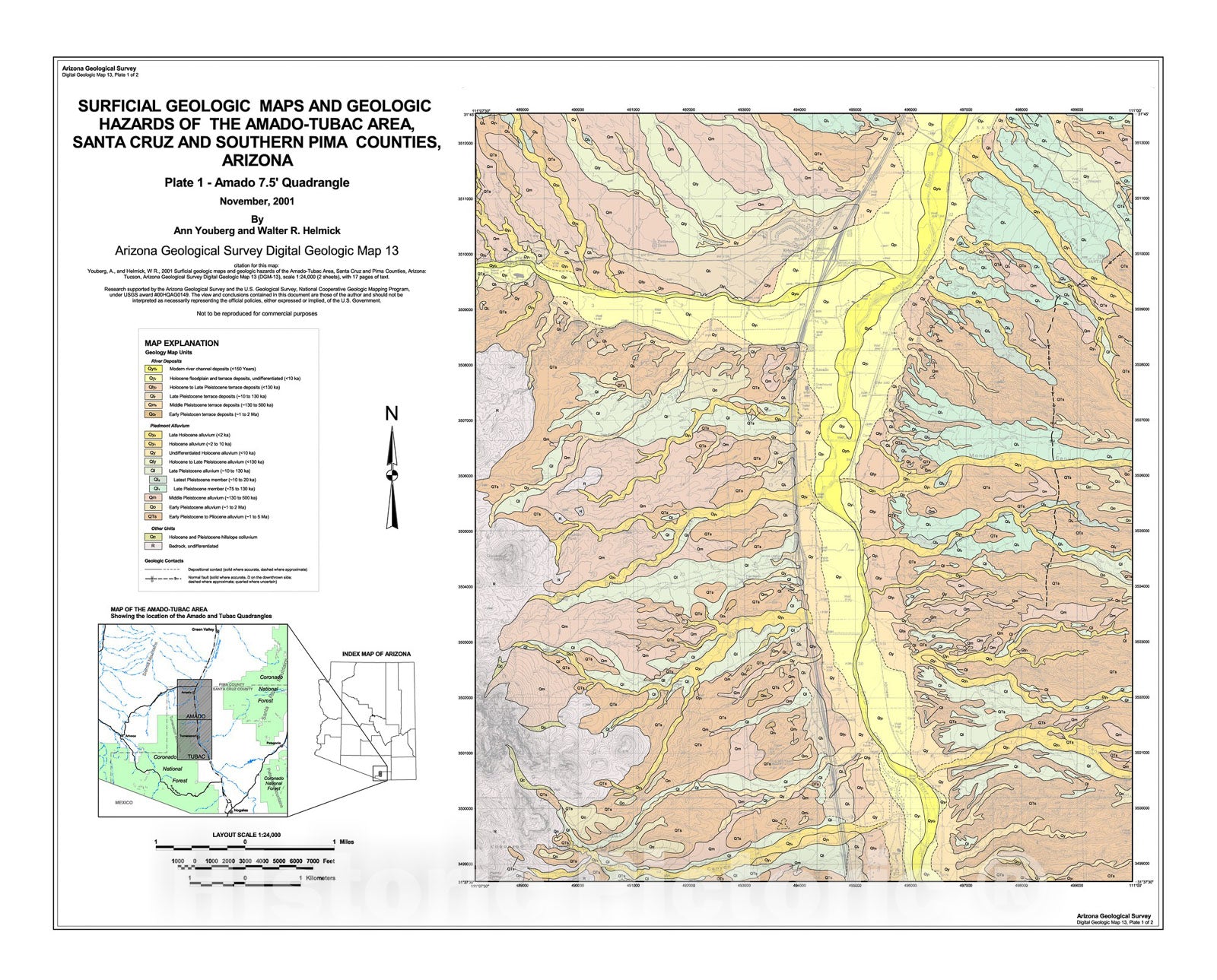 Map : Surficial geology and geologic hazards of the Amado-Tubac area, Santa Cruz and Pima Counties, Arizona, 2001 Cartography Wall Art :