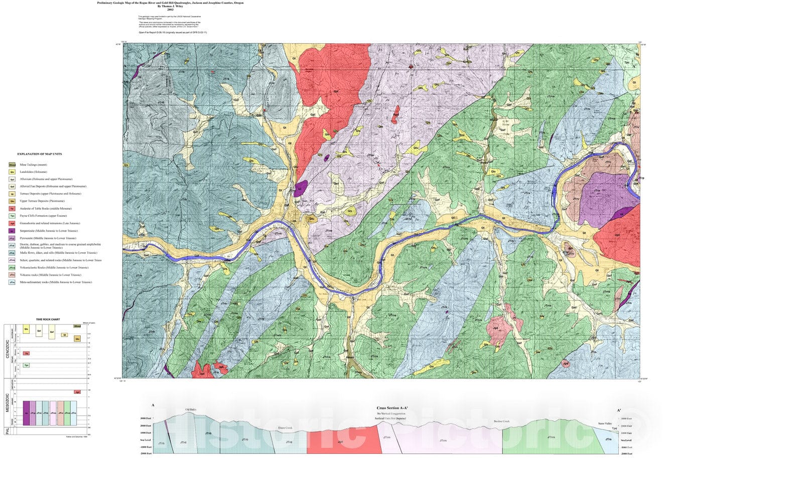 Map : Preliminary geologic map of the Gold Hill and Rogue River 7.5' quadrangles, Jackson and Josephine Counties, Oregon, 2006 Cartography Wall Art :