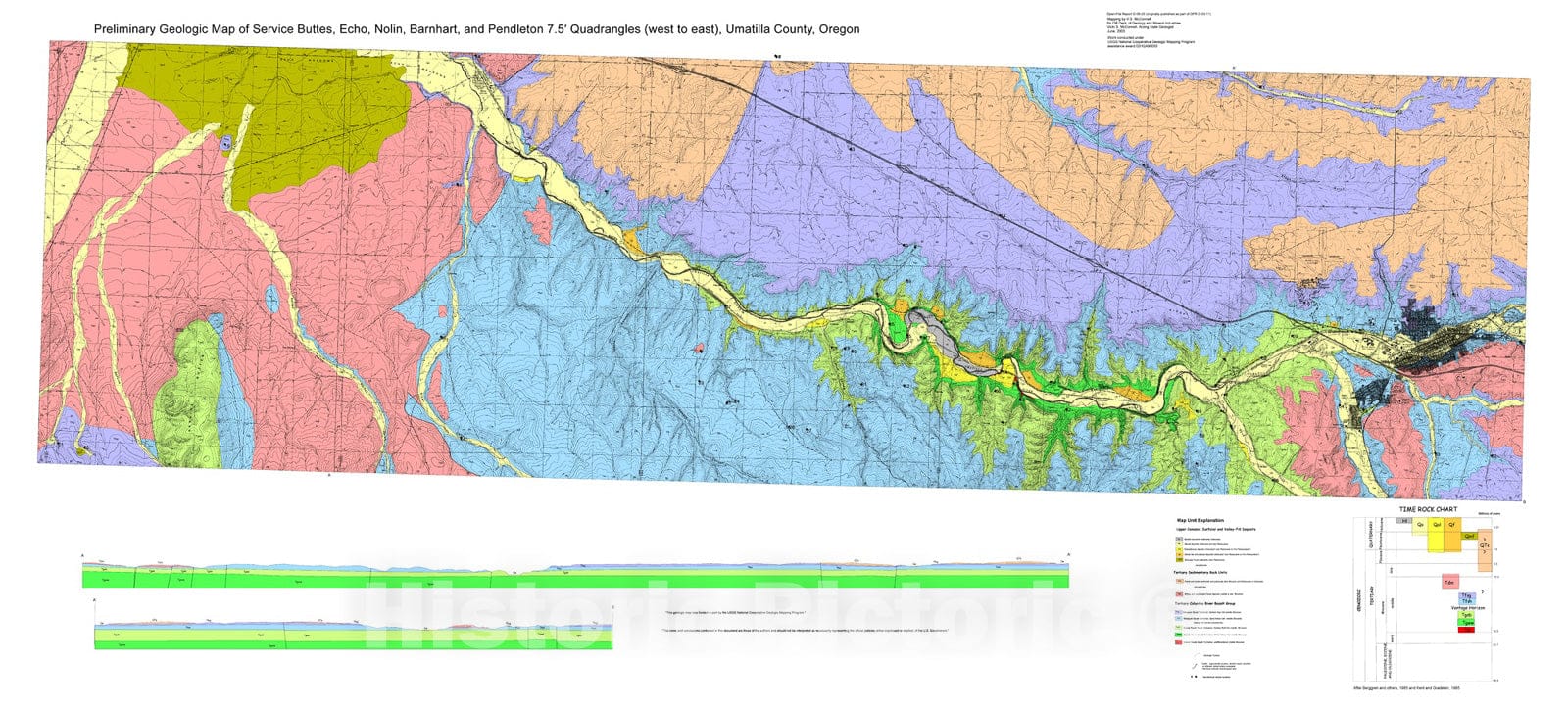 Map : Preliminary geologic map of the Service Buttes, Echo, Nolin, Barnhart and Pendleton 7.5' quadrangles (west to east), Umatilla County, Oregon, 2006 Cartography Wall Art :