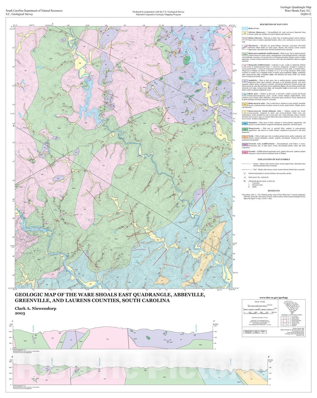 Map : Geologic map of the Ware Shoals East quadrangle, Abbeville, Greenville, and Laurens Counties, South Carolina, 2003 Cartography Wall Art :