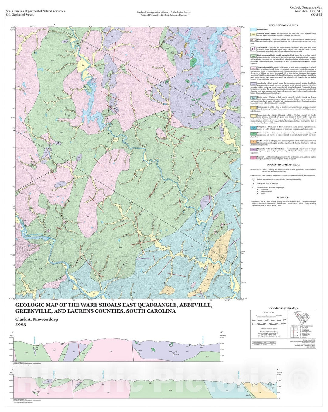 Map : Geologic map of the Ware Shoals East quadrangle, Abbeville, Greenville, and Laurens Counties, South Carolina, 2003 Cartography Wall Art :