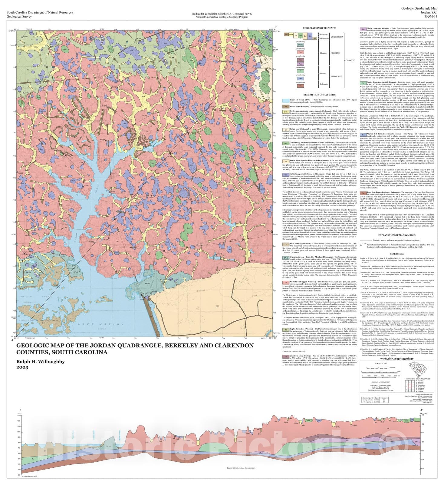 Map : Geologic map of the Jordan quadrangle, Berkeley and Clarendon Counties, South Carolina, 2003 Cartography Wall Art :
