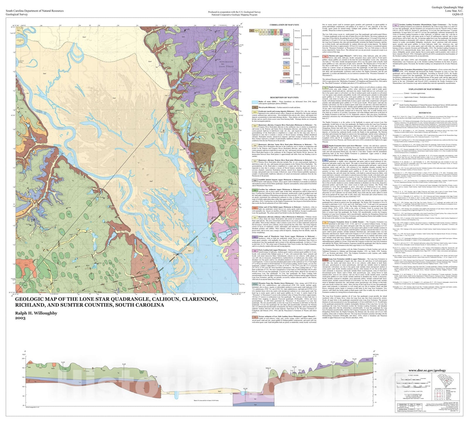 Map : Geologic map of the Lone Star quadrangle, Calhoun, Clarendon, Richland, and Sumter Counties, South Carolina, 2003 Cartography Wall Art :