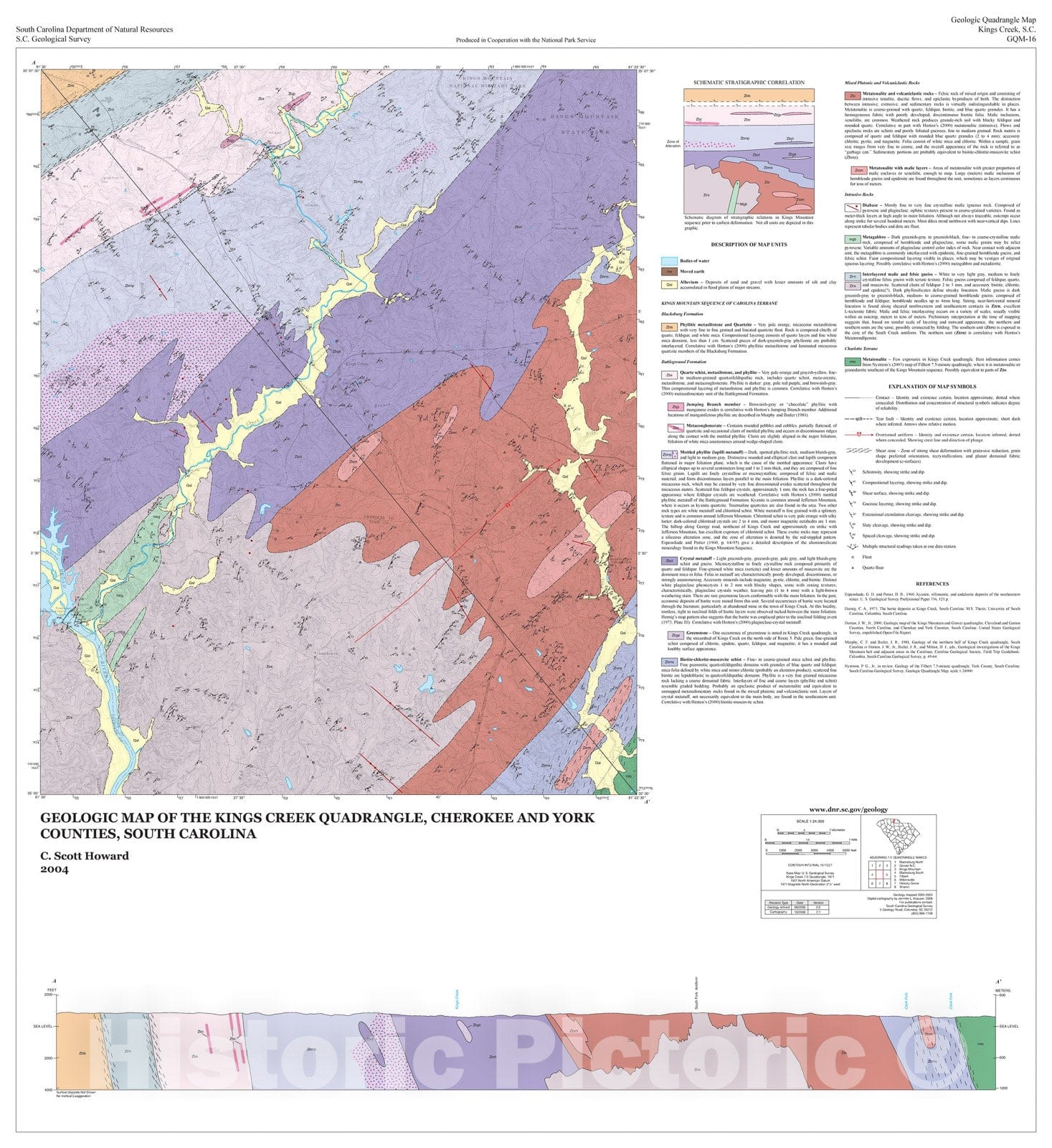 Map : Geologic map of the Kings Creek quadrangle, Cherokee and York Counties, South Carolina, 2004 Cartography Wall Art :